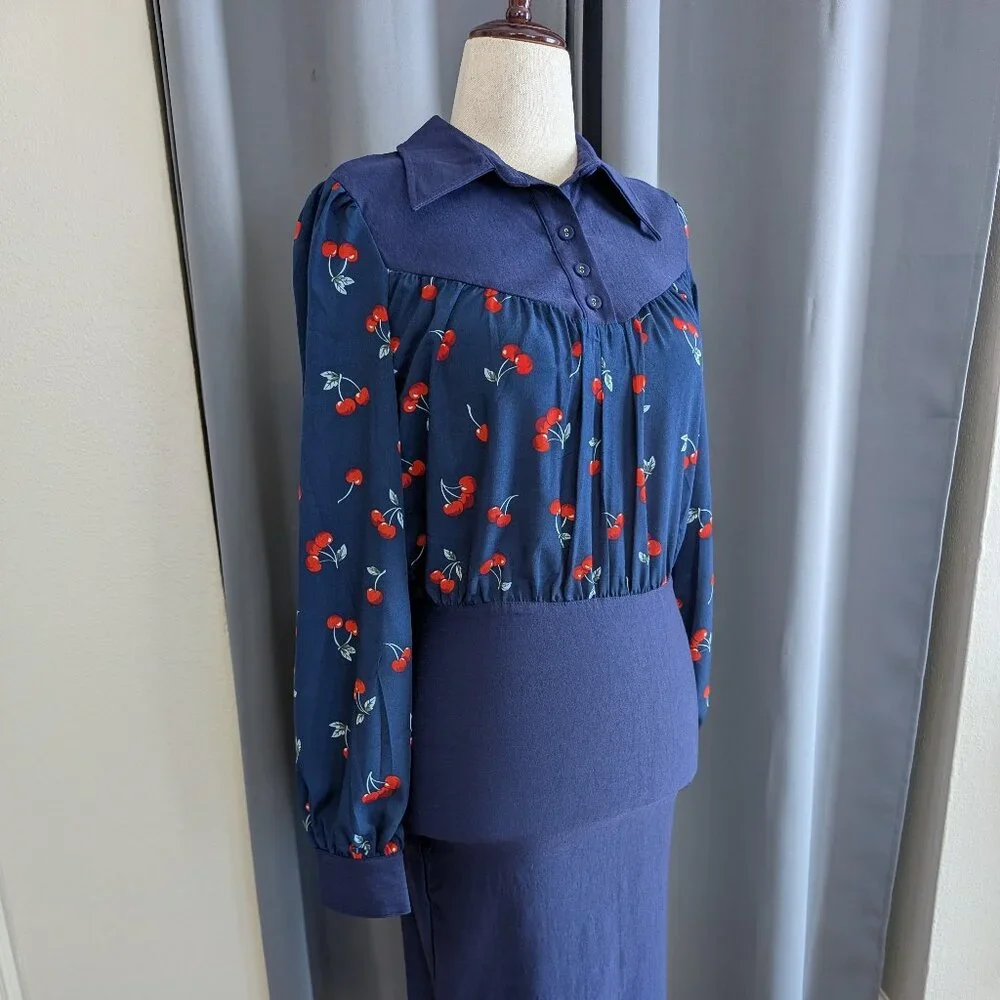 NWT Unique Vintage Navy Cherry Print Bishop Sleeve Wiggle Pencil Dress L(10/12) - Picture 3 of 13